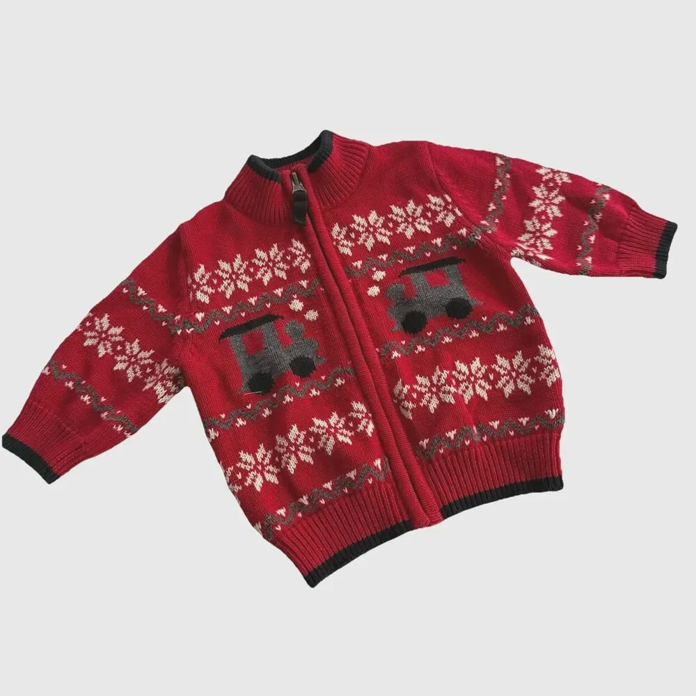 Y2K Oshkosh Sweater Full Zip Train Snowflake Winter Toddler Knit Sweater Sz 12M